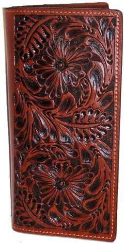 Western Dark Tan Floral Leather Rodeo Wallet/Checkbook Cover