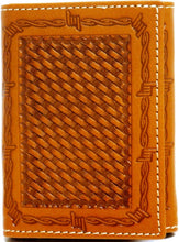 Load image into Gallery viewer, (WFAC734T) Western Tan Basketweave &amp; Barbwire Tri-Fold Wallet
