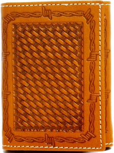 (WFAC734T) Western Tan Basketweave & Barbwire Tri-Fold Wallet