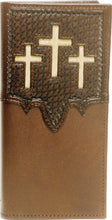 Load image into Gallery viewer, (WFAC762) Western Brown Leather Rodeo Wallet with Triple Hair-On Inlay Crosses