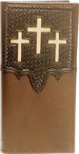 (WFAC762) Western Brown Leather Rodeo Wallet with Triple Hair-On Inlay Crosses