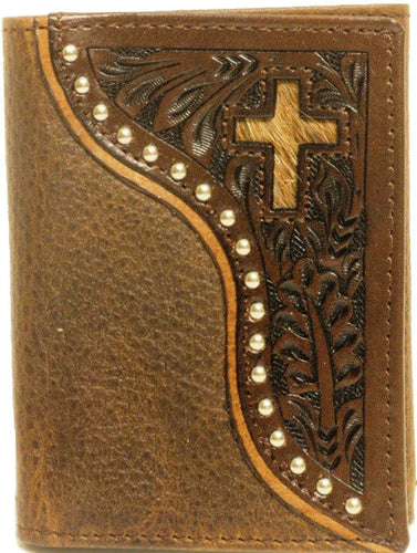(WFAC822T) Western Leather Tri-Fold Wallet with Hair-On Cross