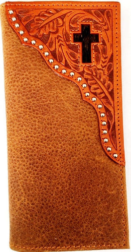 (WFAC824) Western Natural Tooled Rodeo Wallet with Hair-On Inlaid Cross