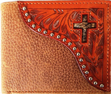 Load image into Gallery viewer, (WFAC824B) Western Natural Tooled Leather with Hair-On Inlaid Cross Bi-Fold Wallet