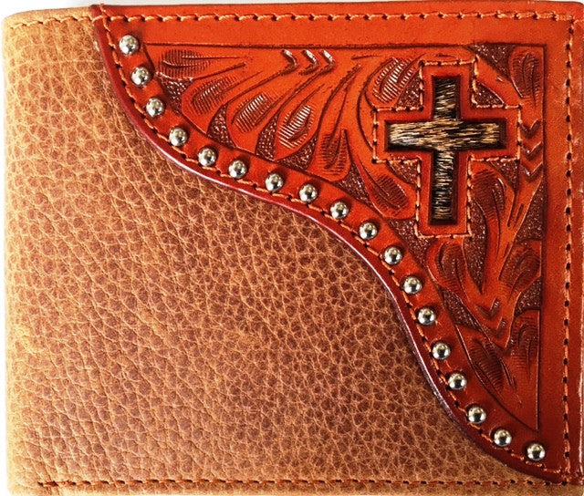 (WFAC824B) Western Natural Tooled Leather with Hair-On Inlaid Cross Bi-Fold Wallet