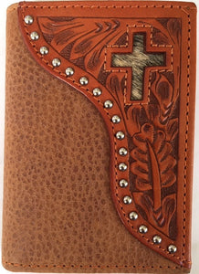 (WFAC824T) Western Natural Tooled Leather with Hair-On Inlaid Cross Tri-Fold Wallet