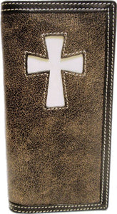 (WFAC841 Western Crinkled Dark Black Leather Rodeo Wallet with Rawhide Cross Inlay