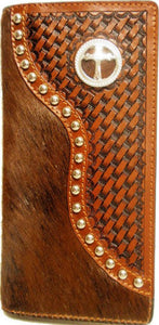 (WFAC93) Western Hair-On/Basketweave Rodeo Wallet/Checkbook Cover with Cross Concho