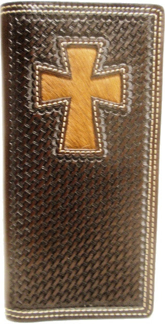 (WFAC992) Western Dark Brown Basketweave Leather Rodeo Wallet with Hair-On Cross