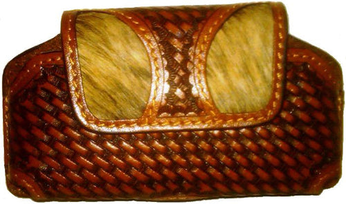 (WFAPC1043) Leather & Hair-On Basketweave Cell Phone Holder (Holds iPhone4 & Blackberry)