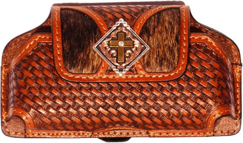 (WFAPC1043CWC) Leather Basketweave Cell Phone Holder for iPhone4 & Blackberries with Cross Concho