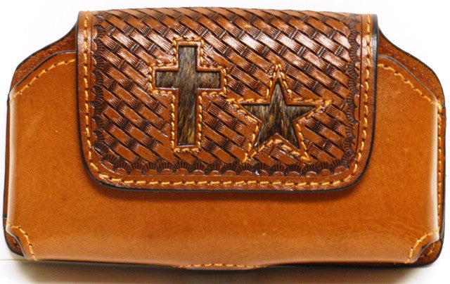 (WFAPC1083) Western Leather Cell Phone Holder with Cross & Star Hair Inlays for iPhone4 & Blackberry