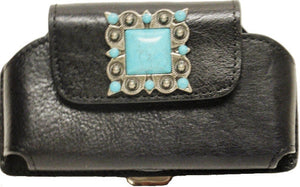 (WFAPC1121-6130) Western Black Leather Cell Phone Holder with Turquoise Concho for Phones up to 5-1/4" Tall