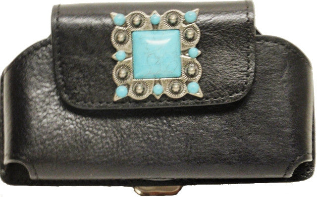 (WFAPC1121-6130) Western Black Leather Cell Phone Holder with Turquoise Concho for Phones up to 5-1/4