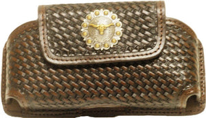 (WFAPC1132BLHM) Western Brown Basketweave Cell Phone Holder with Longhorn Concho for Phones up to 5-1/4" Tall