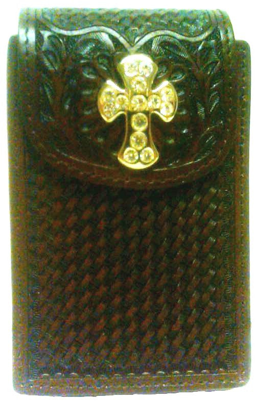 (WFAPC992KCC) Western Brown Leather Cell Phone Holder for iPhone4 & Blackberry with Cross Concho