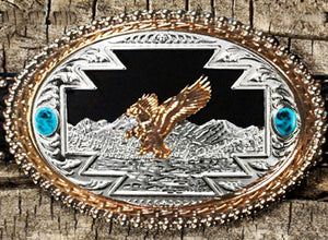 (WFATBB3300EG) "Eagle" Western Silver, Gold & Turquoise Belt Buckle
