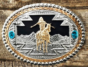 (WFATBB3300GS) "Great Spirit" Western Silver, Gold & Turquoise Belt Buckle
