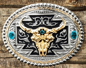 (WFATBB3300SK) "Skull" Western Silver, Gold & Turquoise Belt Buckle