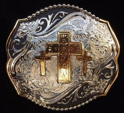 (WFATBB4000TC) Western Silver, Gold & Black Triple Cross Belt Buckle