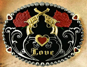 (WFATBB4629) "Love, Roses & Crossed Pistols" Western Ladies' Belt Buckle