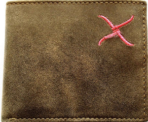 (WFAXWCB-PB1) Twisted-X Brown Distressed Bi-Fold Wallet with Pink Embroidered Logo