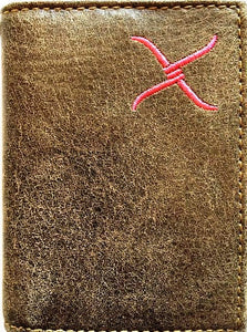 (WFAXWCB-PT1) Twisted-X Western Brown Tri-Fold Wallet with Pink Embroidered Logo
