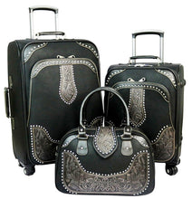 Load image into Gallery viewer, Western Tooled Leather 3-Piece Wheeled Luggage Set - Black