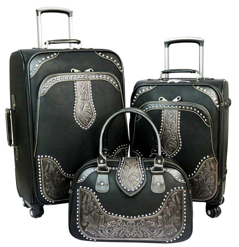 Western Tooled Leather 3-Piece Wheeled Luggage Set - Black