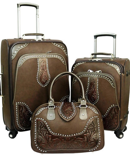 Western Tooled Leather 3-Piece Wheeled Luggage Set - Coffee