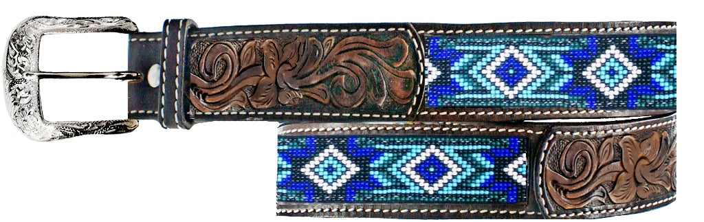 Twisted-X Brown Leather & Blue Beaded Belt